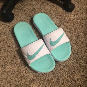 Woman’s Nike Benassi SolarSoft 2 Teal and White Slides